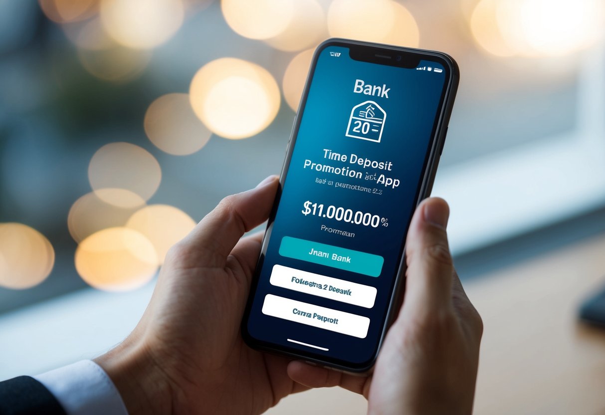 A modern bank app interface with a time deposit promotion displayed on a smartphone screen