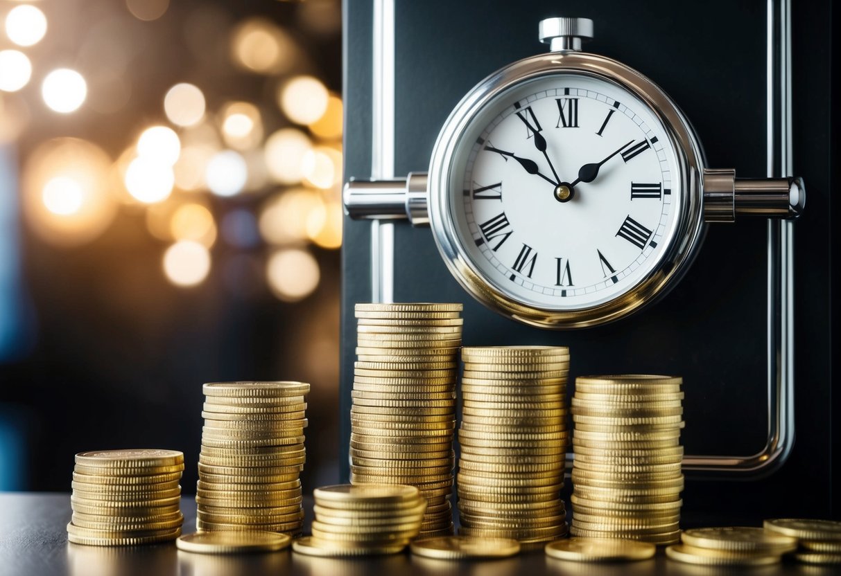 A bank vault with stacks of gold coins and a clock showing the passage of time