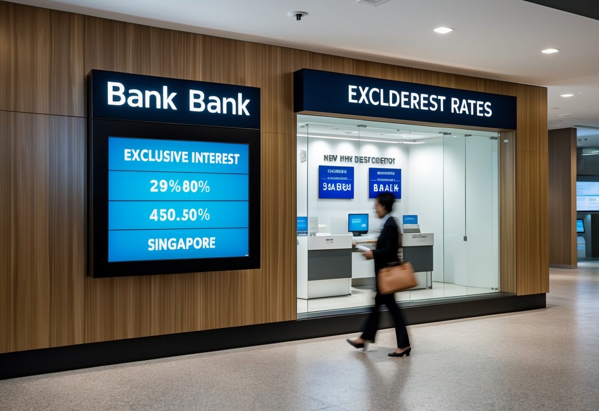 A bank branch with a prominent display of exclusive interest rates for new time deposit promotions in Singapore