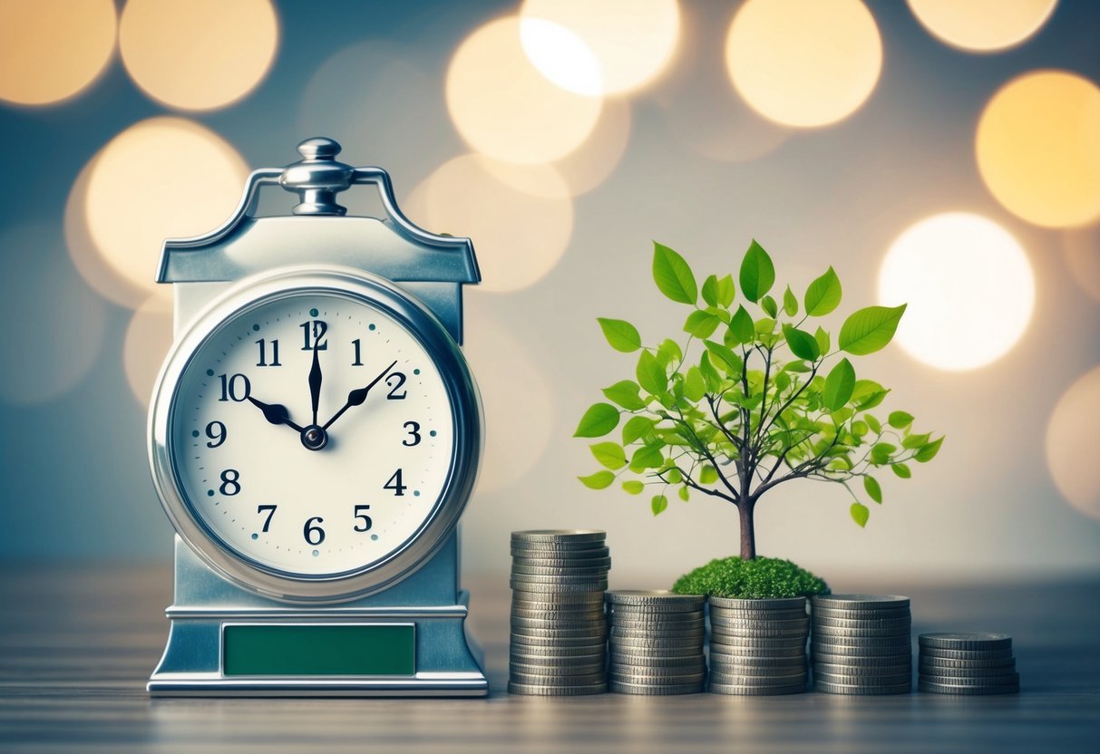 A bank building with a clock showing short-term gains and a tree with growing leaves symbolizing long-term benefits