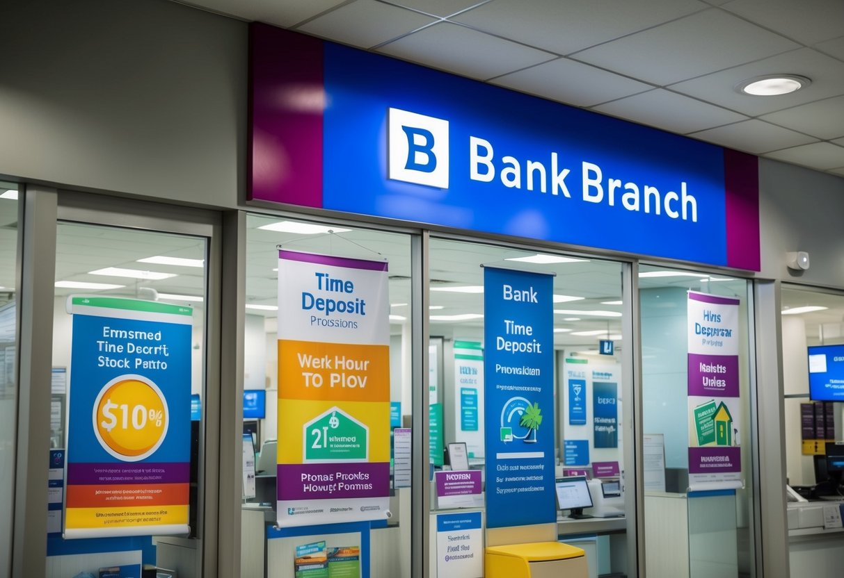A bank branch with a prominent display of time deposit promotions, featuring colorful banners and signs to attract potential customers