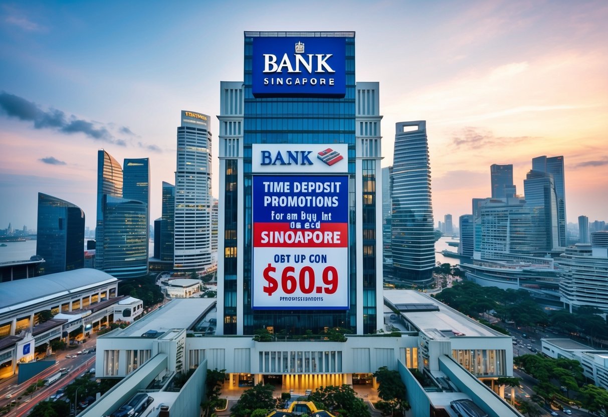 A bank building with a prominent sign advertising time deposit promotions in Singapore, surrounded by a bustling cityscape