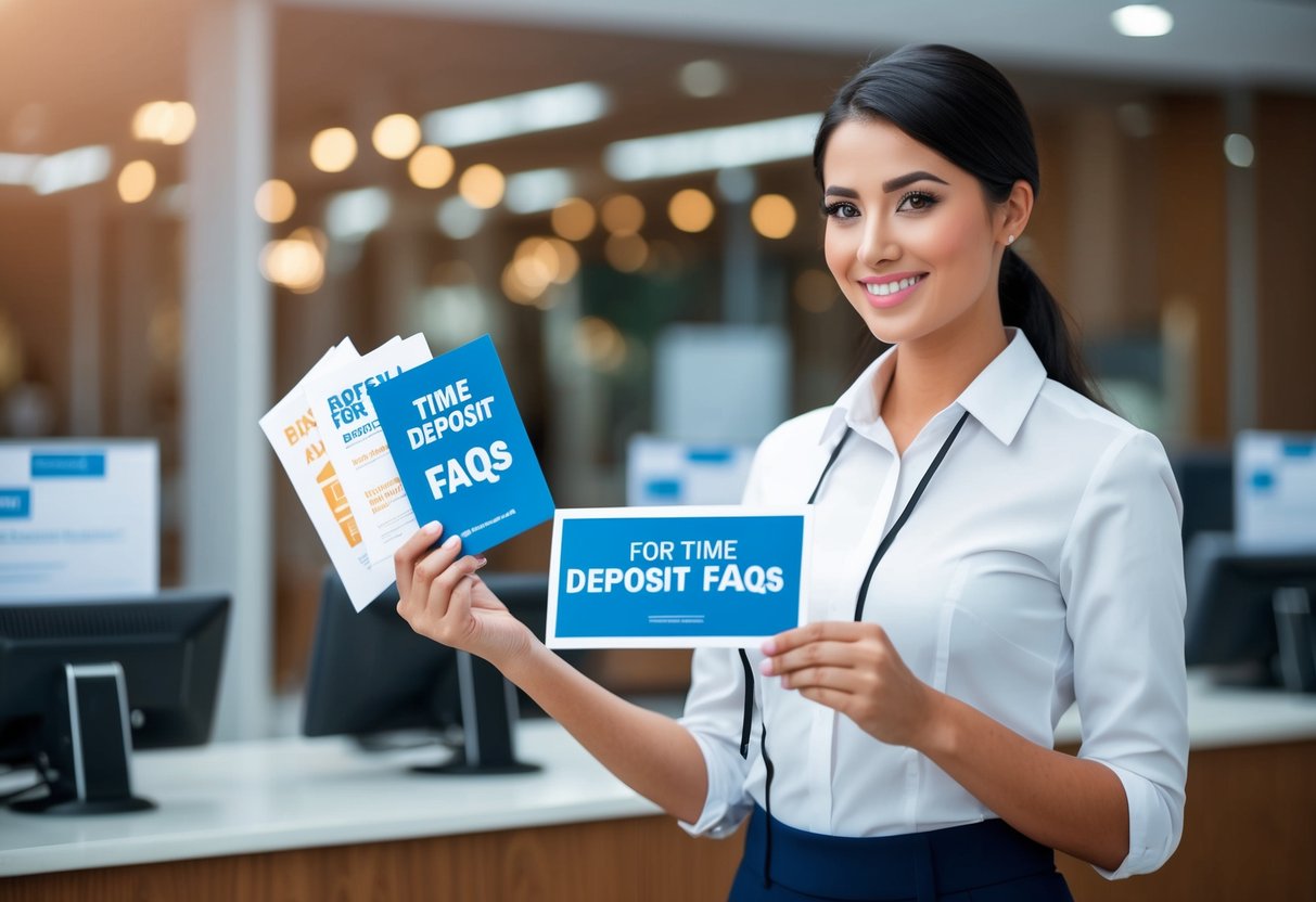 A bank teller presenting promotional materials for time deposit FAQs