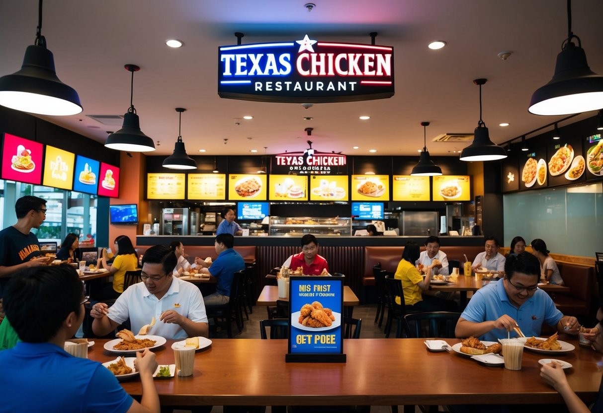 A bustling Texas Chicken restaurant in Singapore with colorful promotional displays and customers enjoying their meals