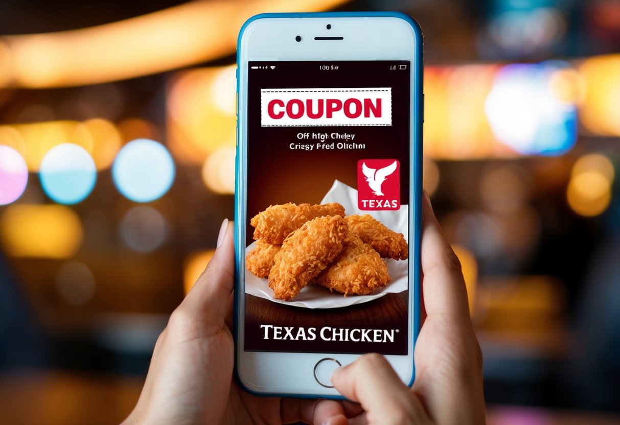 A colorful digital coupon popping up on a smartphone screen with a tempting image of crispy fried chicken and the Texas Chicken logo