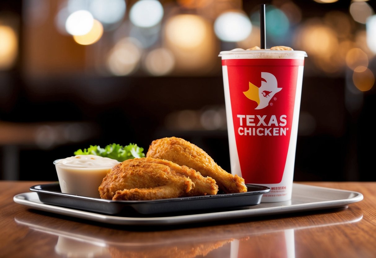 A sizzling 2-piece Chicken Meal on a tray with a side and drink, next to the Texas Chicken logo