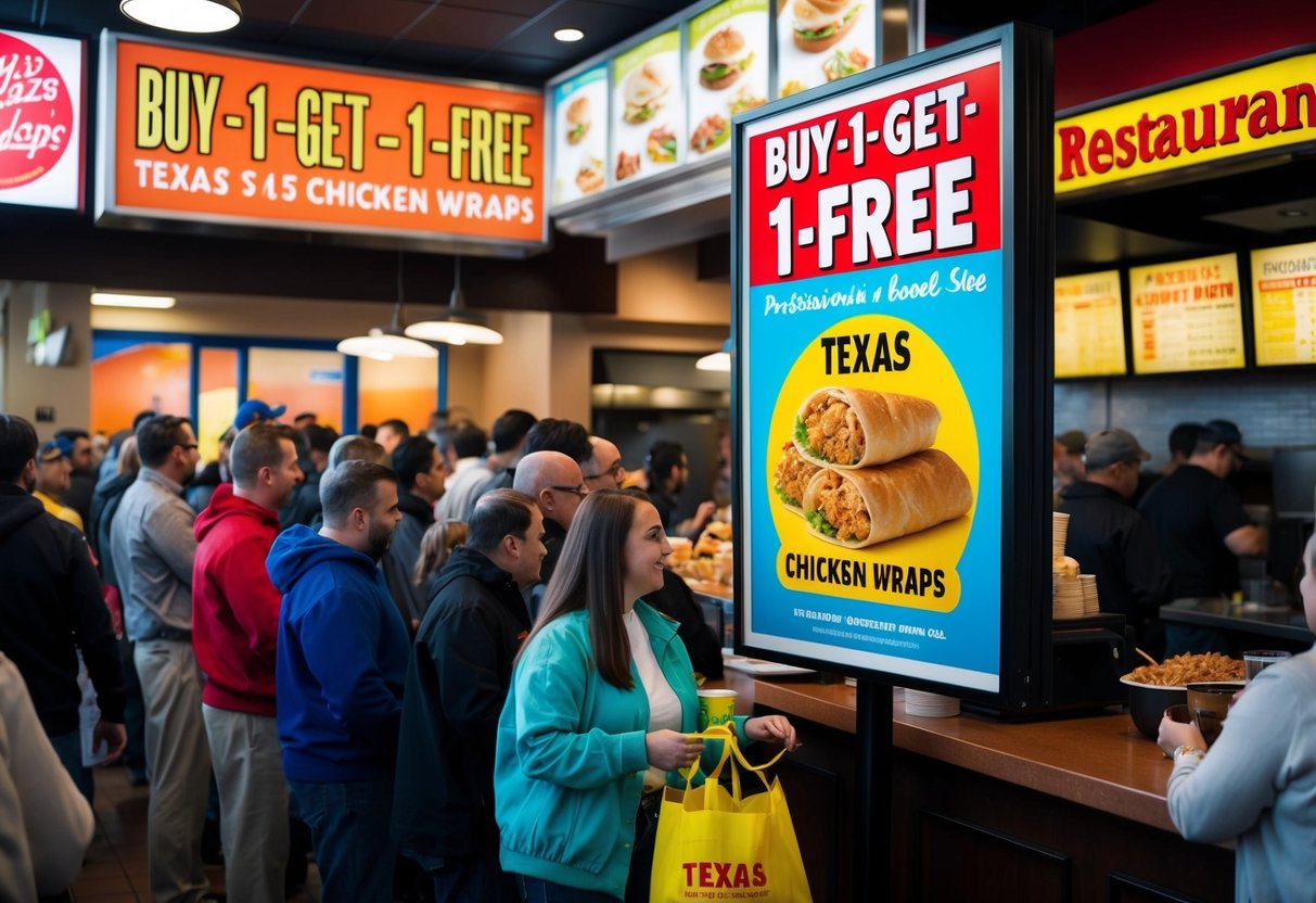 A bustling restaurant with a vibrant sign advertising "Buy-1-Get-1-Free" Texas chicken wraps. Customers line up eagerly to take advantage of the promotion