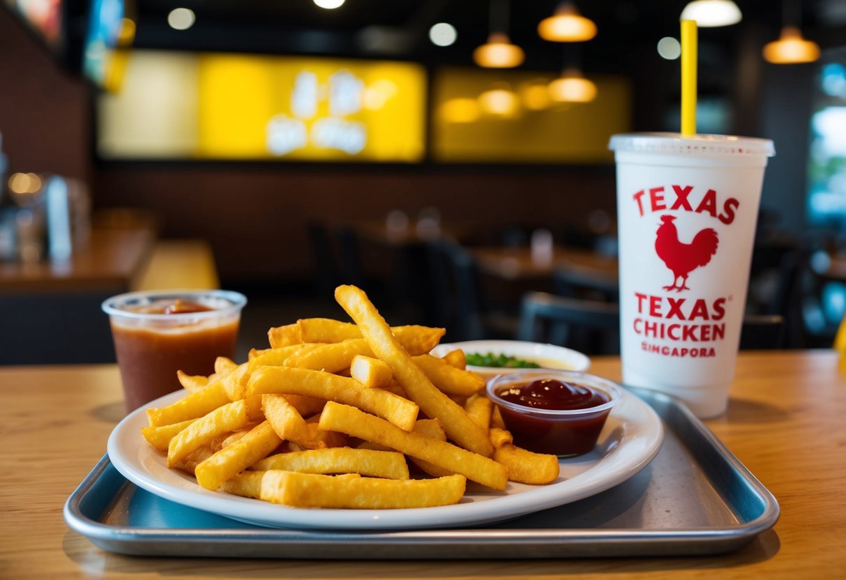 A plate of cheese fries with a side of ketchup and a drink on a tray at a Texas Chicken restaurant in Singapore