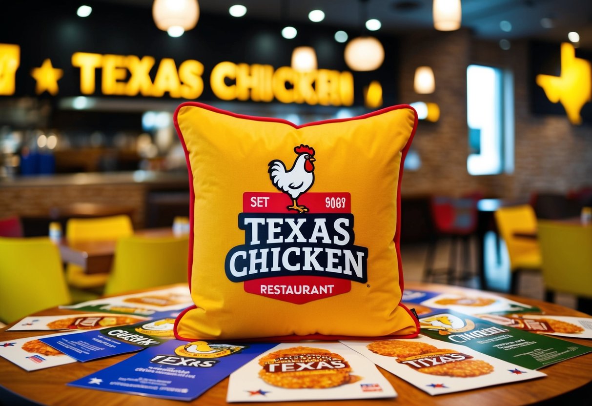 A colorful chicken cushion surrounded by promotional materials at a Texas Chicken restaurant in Singapore