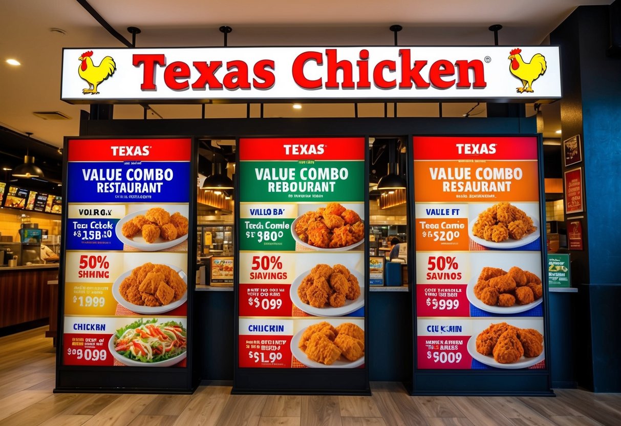 A bustling Texas Chicken restaurant in Singapore with colorful value combo deals displayed, showcasing up to 50% savings