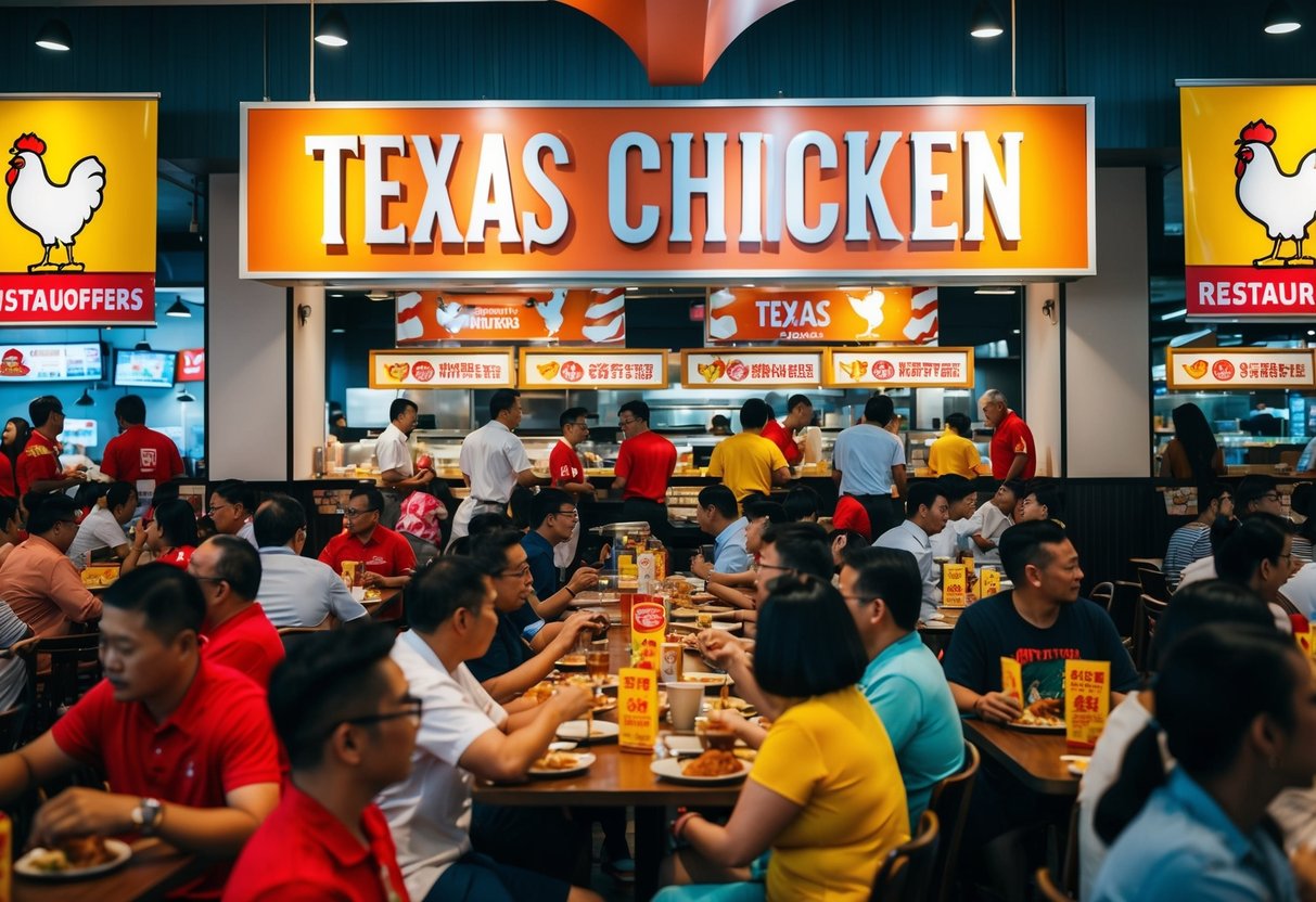 A crowded Texas Chicken restaurant in Singapore, with colorful promotional banners and customers enjoying special offers