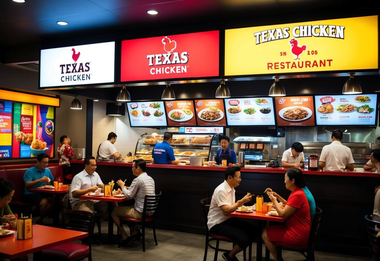 A bustling Texas Chicken restaurant in Singapore with colorful promotional displays and customers enjoying their meals