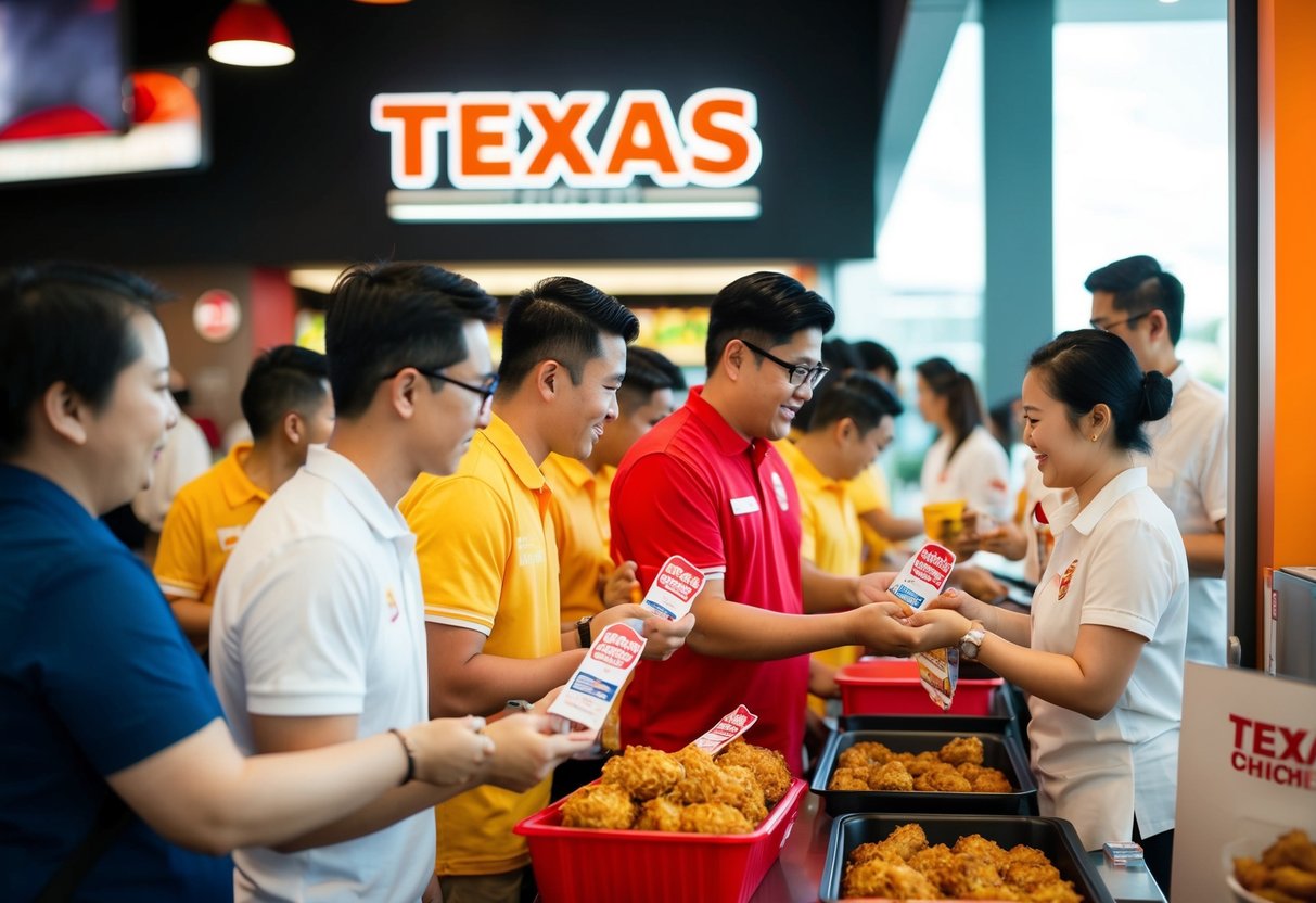 Customers lining up at Texas Chicken in Singapore, eagerly inquiring about ongoing promotions. Staff members busy attending to their inquiries and handing out promotional materials