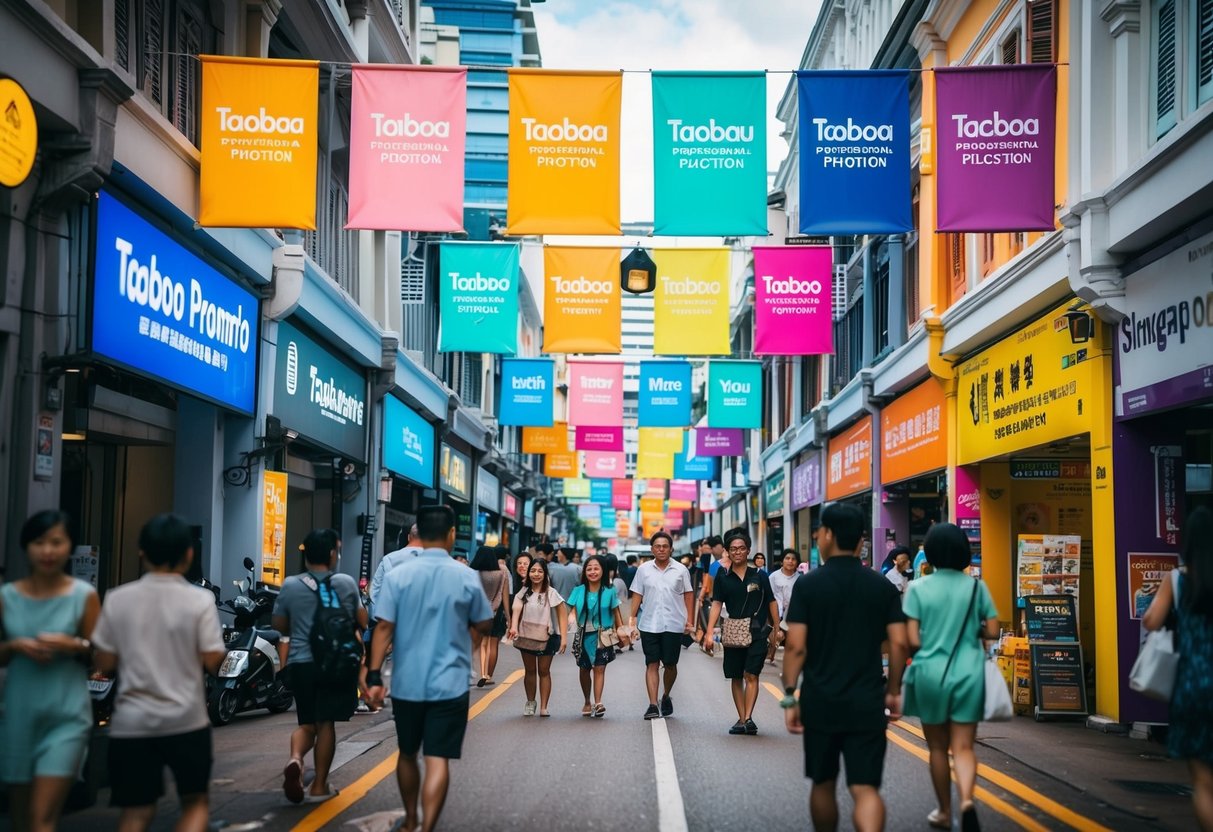 A bustling Singapore street with colorful banners and signs advertising Taobao promotions