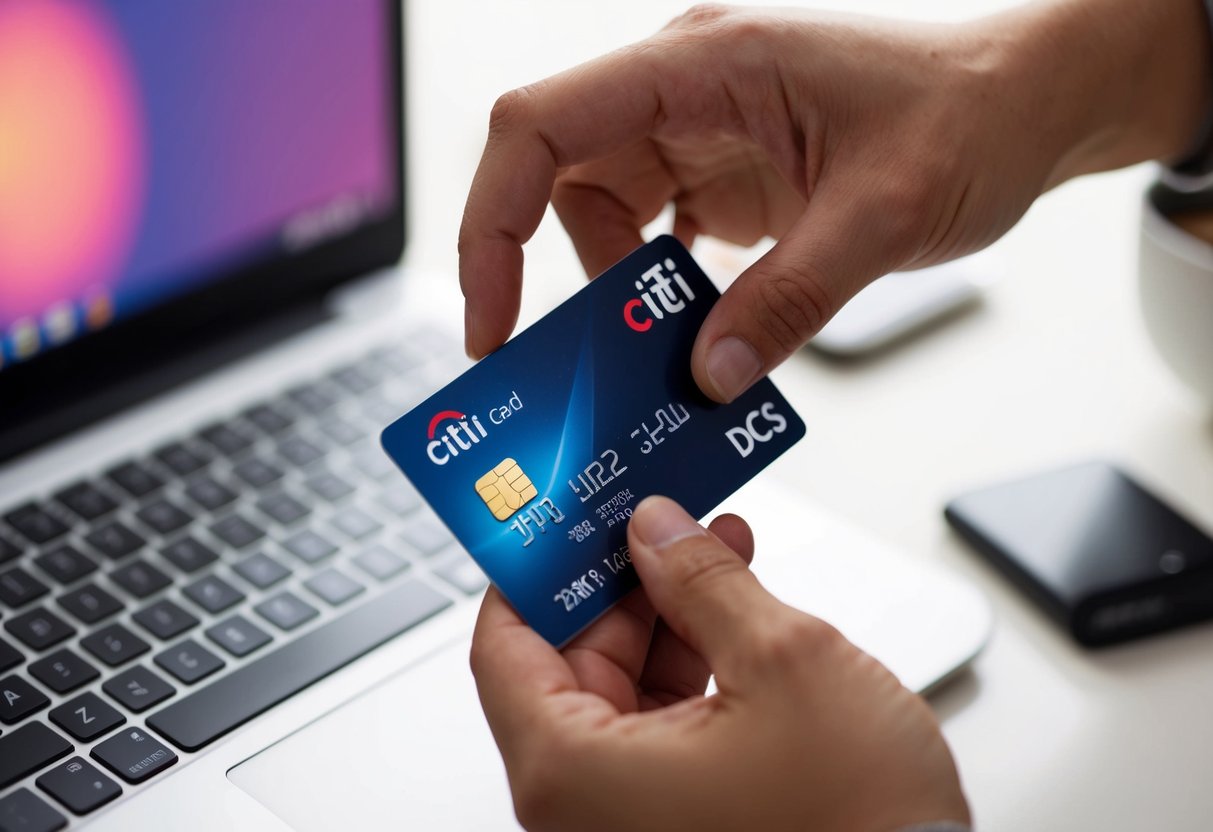 A hand holding a Citi or DCS card while making a purchase on the Taobao website