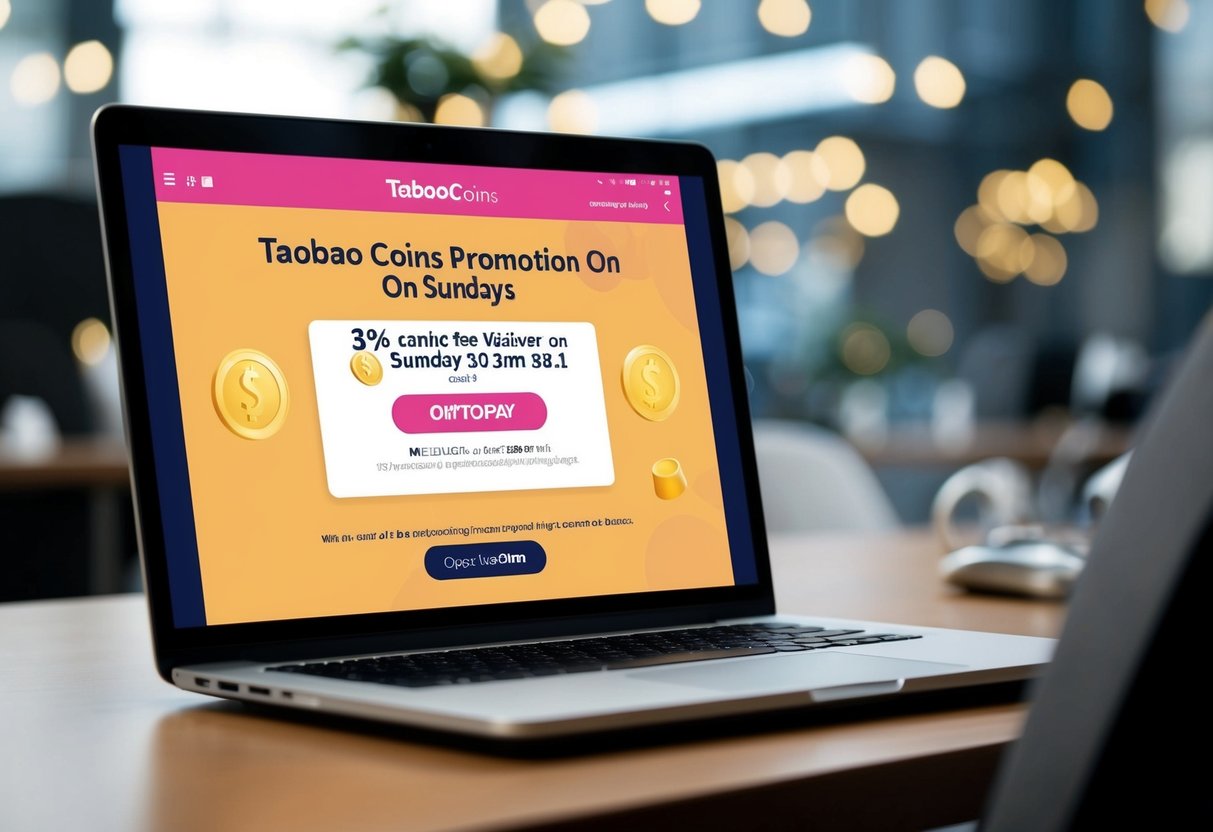 A laptop screen displaying Taobao Coins promotion with a 3% service fee waiver on Sundays