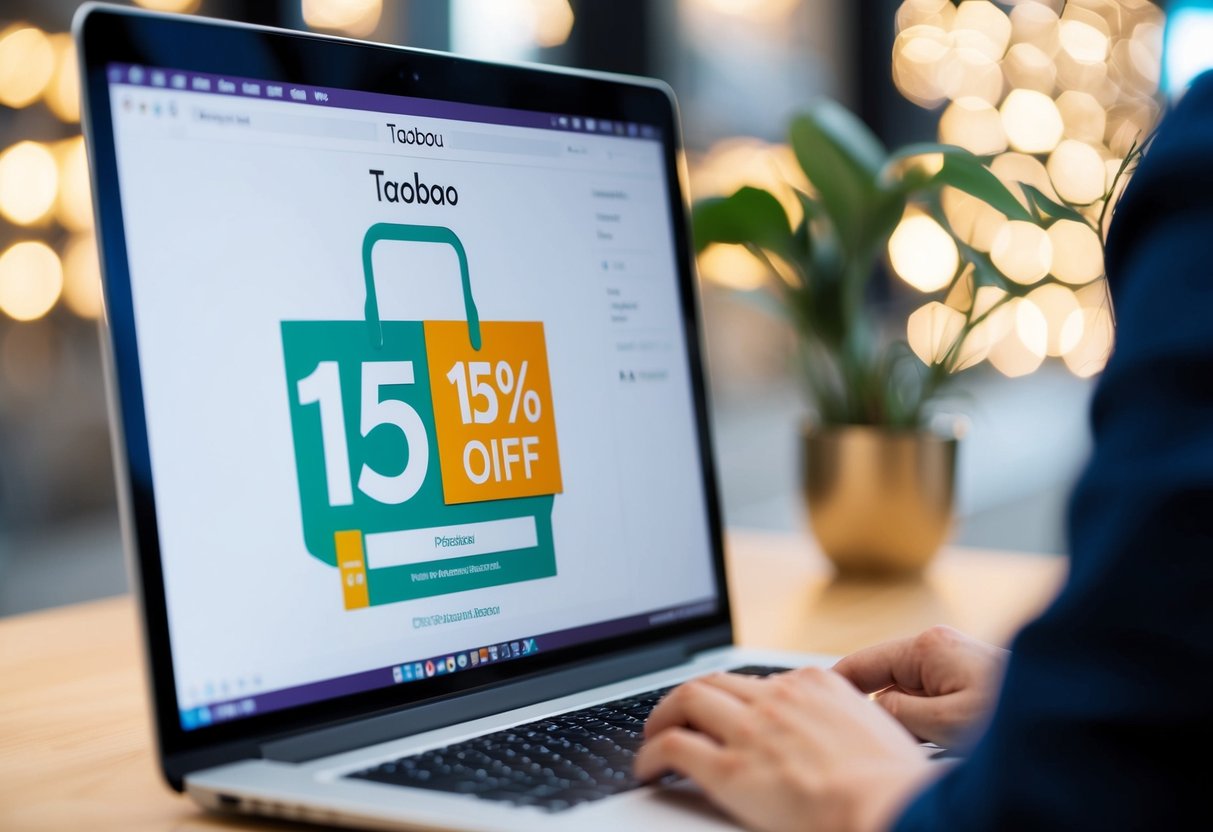 A computer screen displaying a Taobao promotion with the code "15% off" and a minimum spend of £130