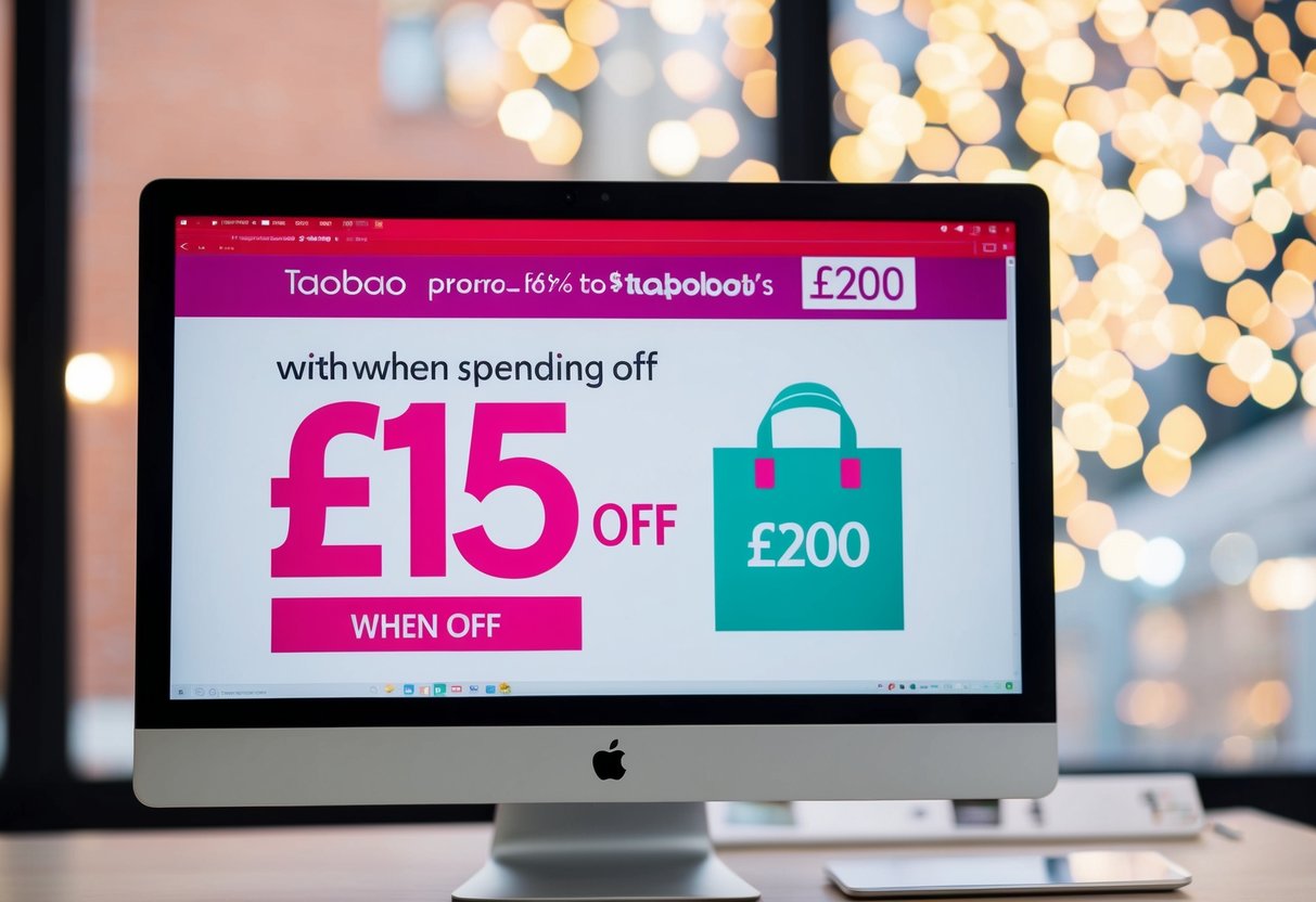 A computer screen displaying Taobao's promotion with a large £15 off when spending £200 banner