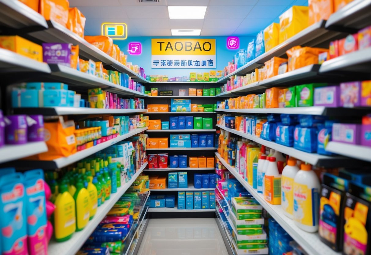 A colorful array of discounted products fills the virtual shelves of Taobao, surrounded by promotional banners and flashing icons