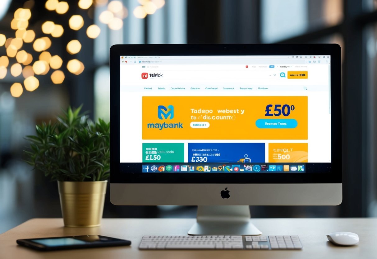 A computer screen displaying the Taobao website with a Maybank logo and a £50 discount offer