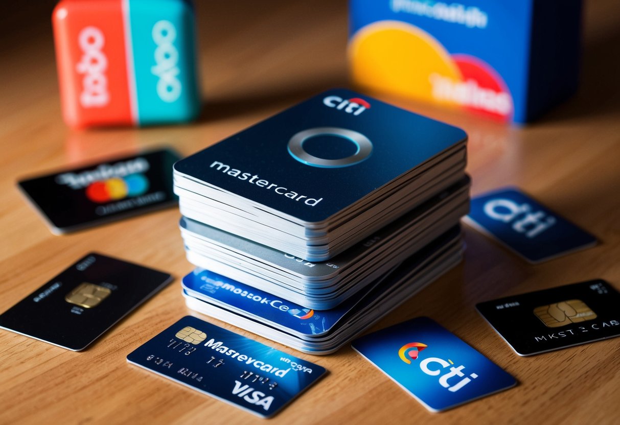 A stack of rewards cards with a Citi Mastercard on top, surrounded by Taobao promotional items