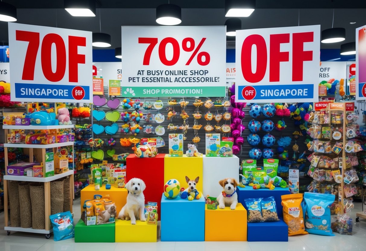 A colorful array of pet essentials, including toys, food, and accessories, displayed with large "70% off" signs at a busy online shop promotion in Singapore