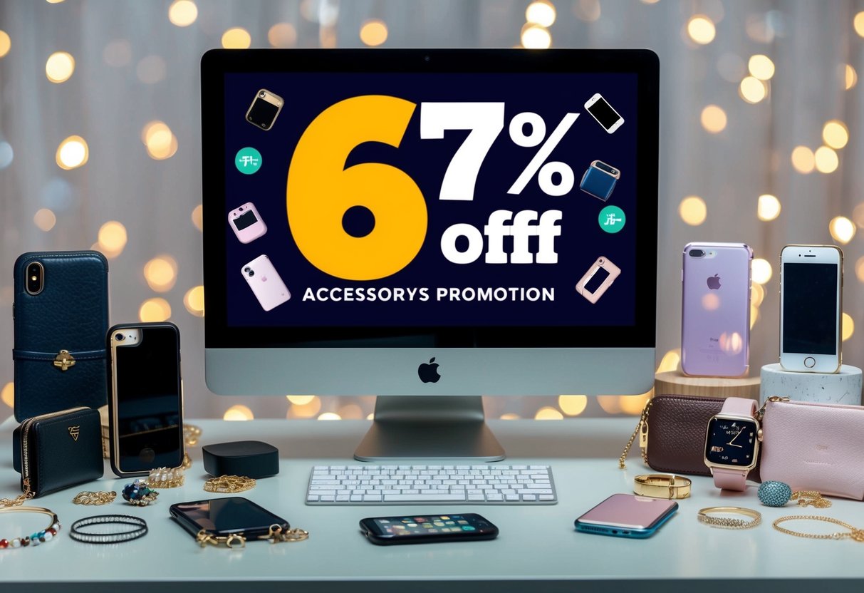 A computer screen displaying Taobao's 67% off accessory promotion, surrounded by various accessories like phone cases and jewelry