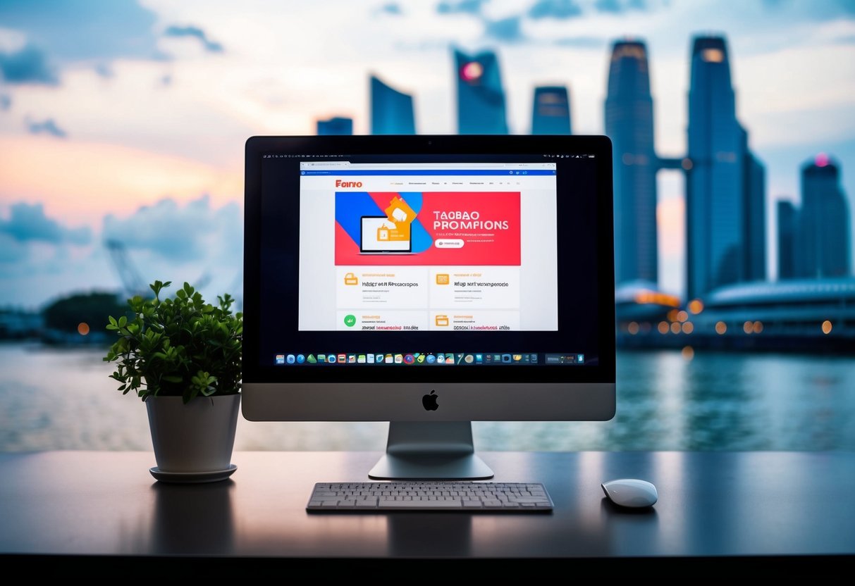 A computer screen displaying Taobao promotions with a Singapore backdrop