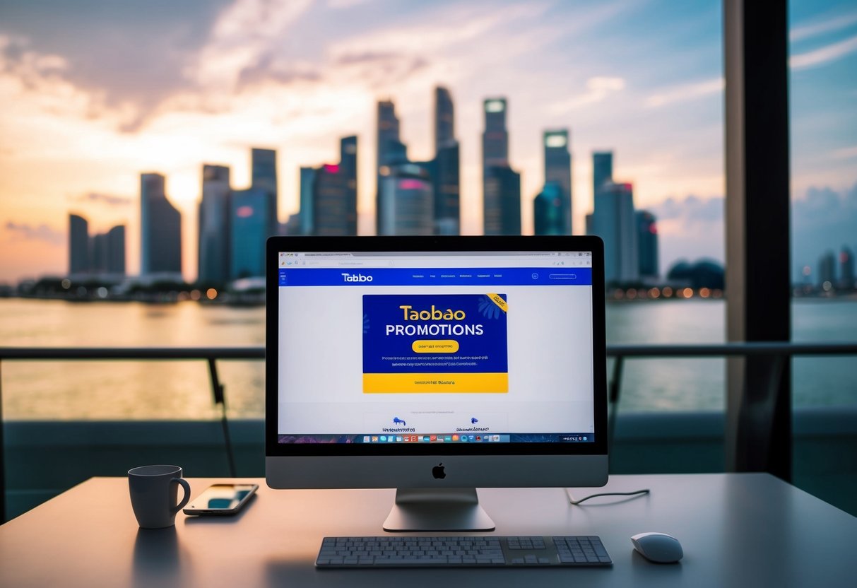 A computer screen displaying Taobao promotions with the Singapore skyline in the background