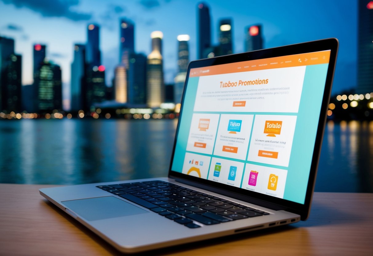 A laptop displaying Taobao promotions with a Singapore skyline backdrop