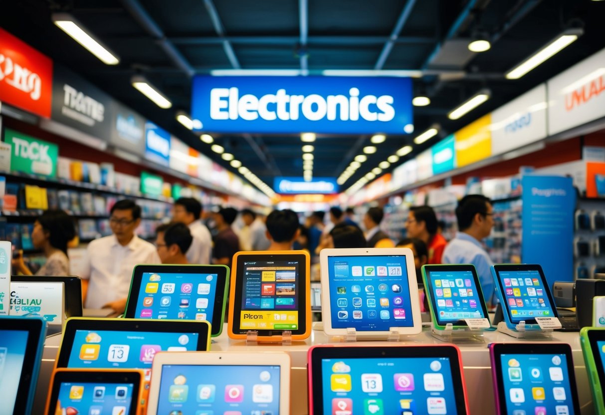 A crowded electronics store in Singapore, with colorful displays of tablets and promotional signs