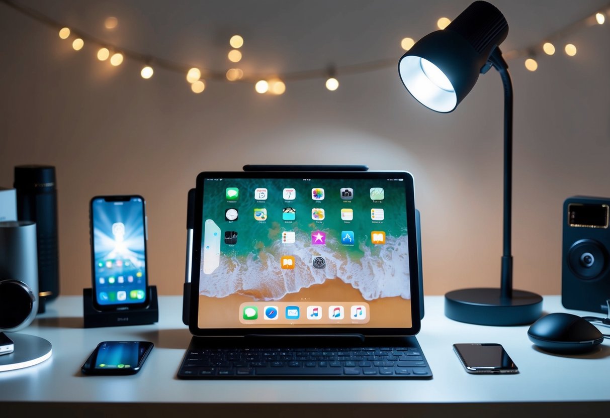 An Apple iPad Pro sits on a sleek modern desk, surrounded by various tech gadgets and accessories. A spotlight illuminates the tablet, highlighting its unrivalled performance