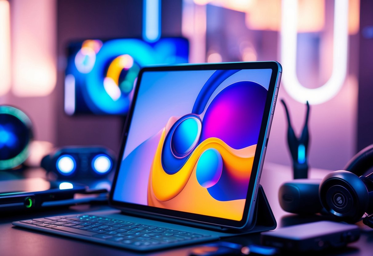 A sleek Samsung Galaxy Tab S9 displayed with futuristic graphics and vibrant colors, surrounded by high-tech gadgets and accessories