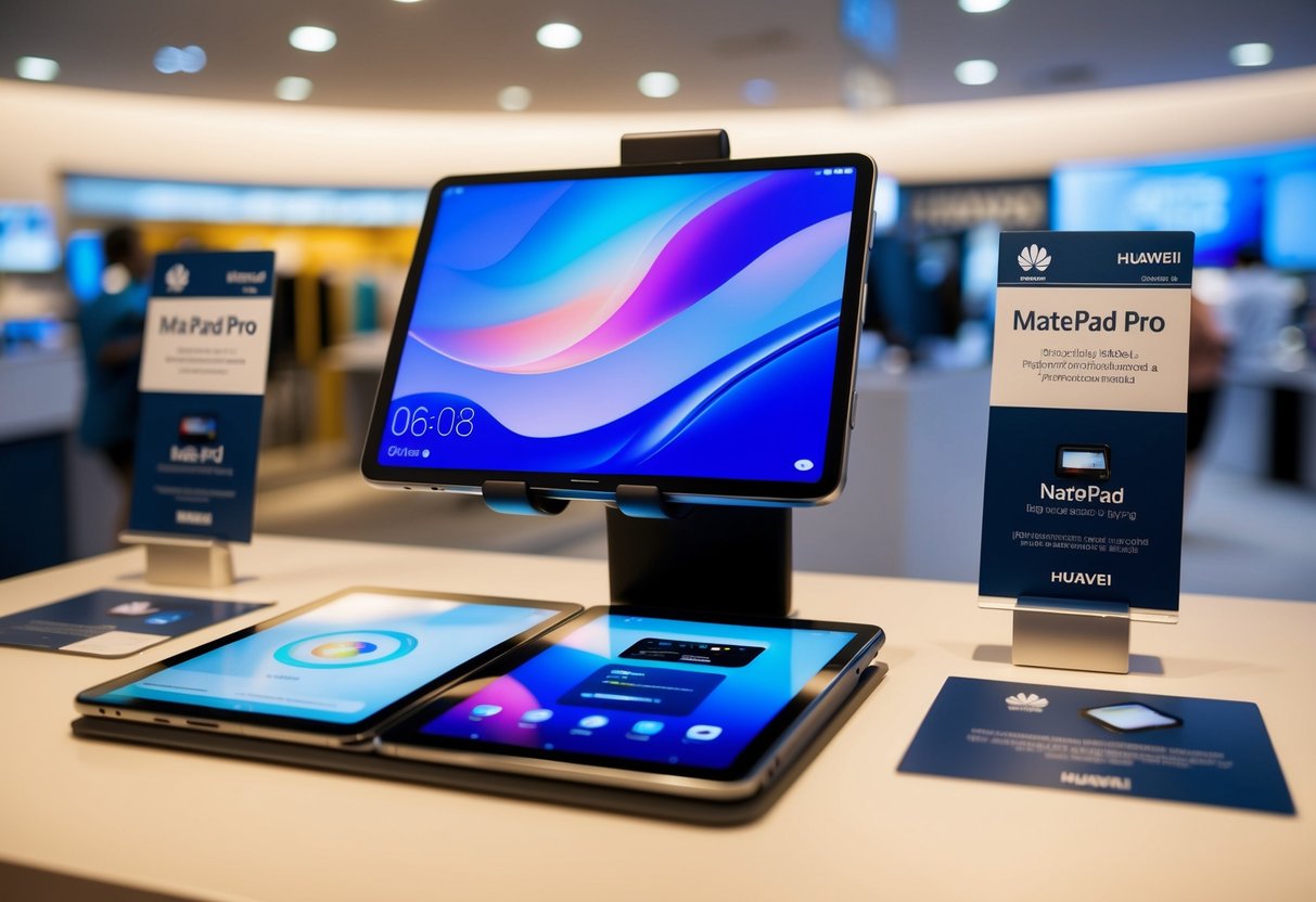 A sleek and powerful Huawei MatePad Pro tablet displayed with promotional materials in a modern Singapore electronics store