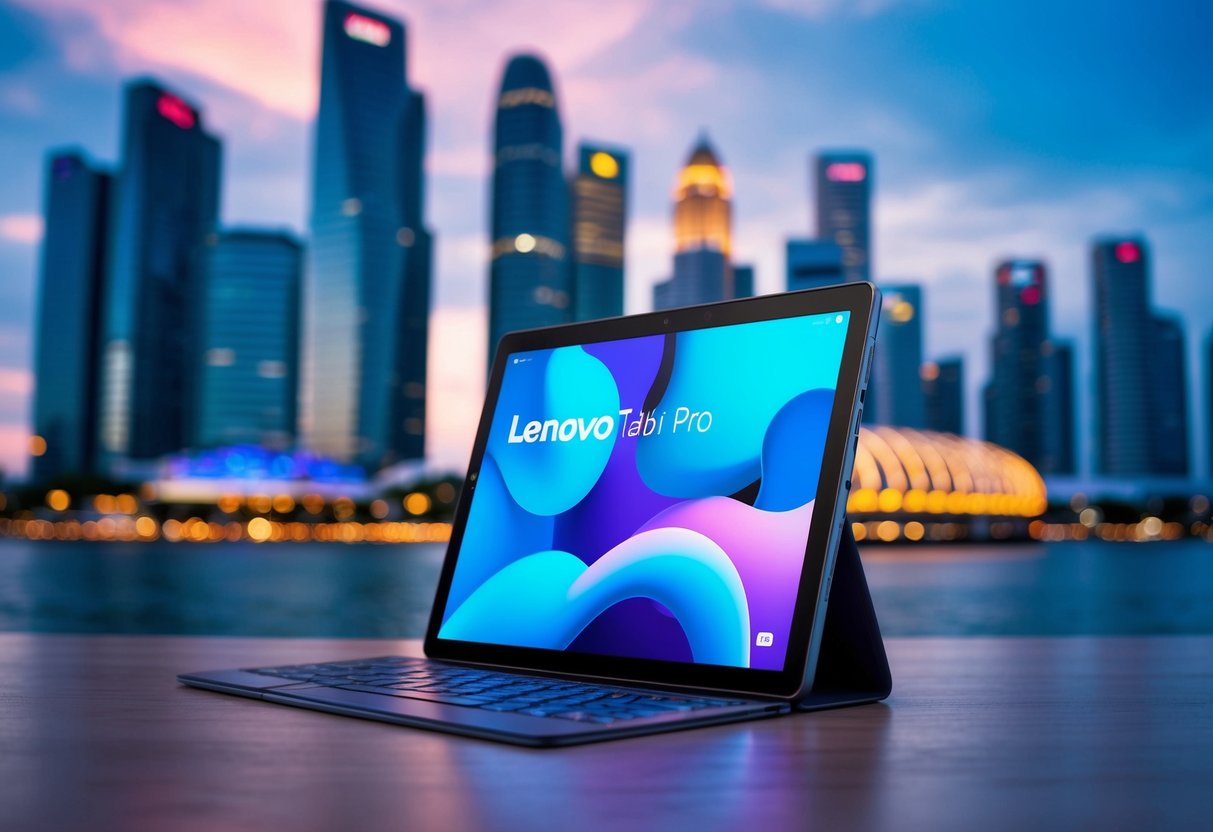 A sleek Lenovo Tab P11 Pro tablet displayed against a vibrant and bustling Singapore cityscape, showcasing its brilliant display technology