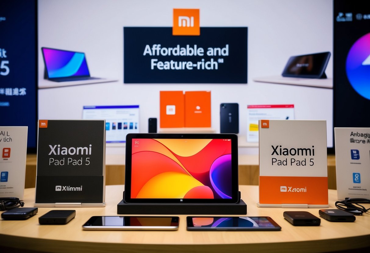 A table with a Xiaomi Pad 5 displayed, surrounded by promotional materials and electronic gadgets, with a "Affordable and Feature-Rich" banner