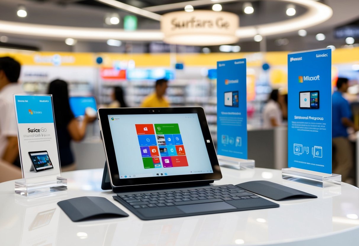 A sleek Microsoft Surface Go 3 tablet displayed with promotional materials in a bustling Singapore electronics store