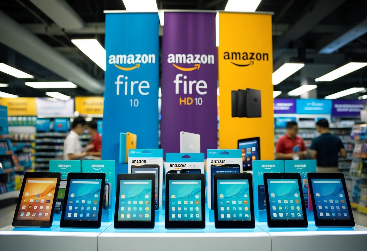 A colorful display of Amazon Fire HD 10 tablets with promotional banners in a bustling Singapore electronics store