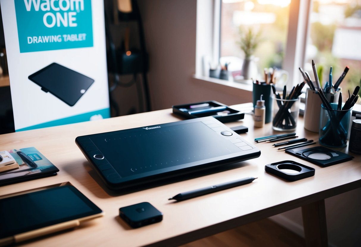 An artist's desk with a Wacom One Drawing Tablet, surrounded by various art supplies and a promotional banner for the tablet