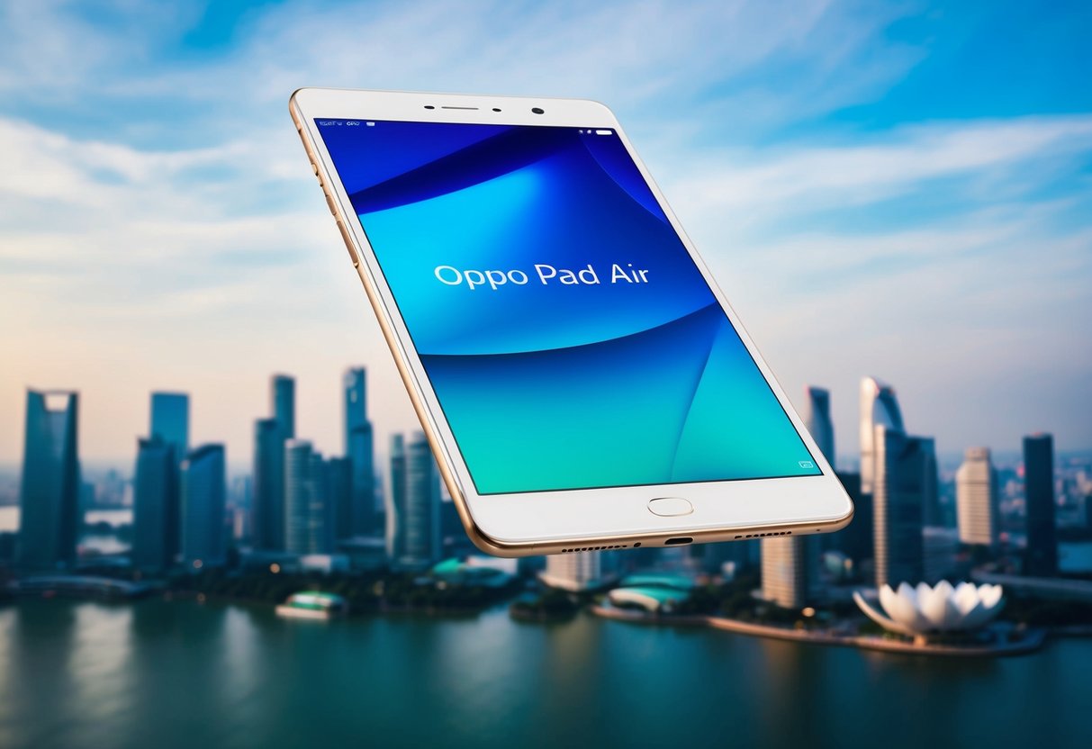 A sleek Oppo Pad Air tablet floats above the Singapore skyline, emphasizing its lightweight design