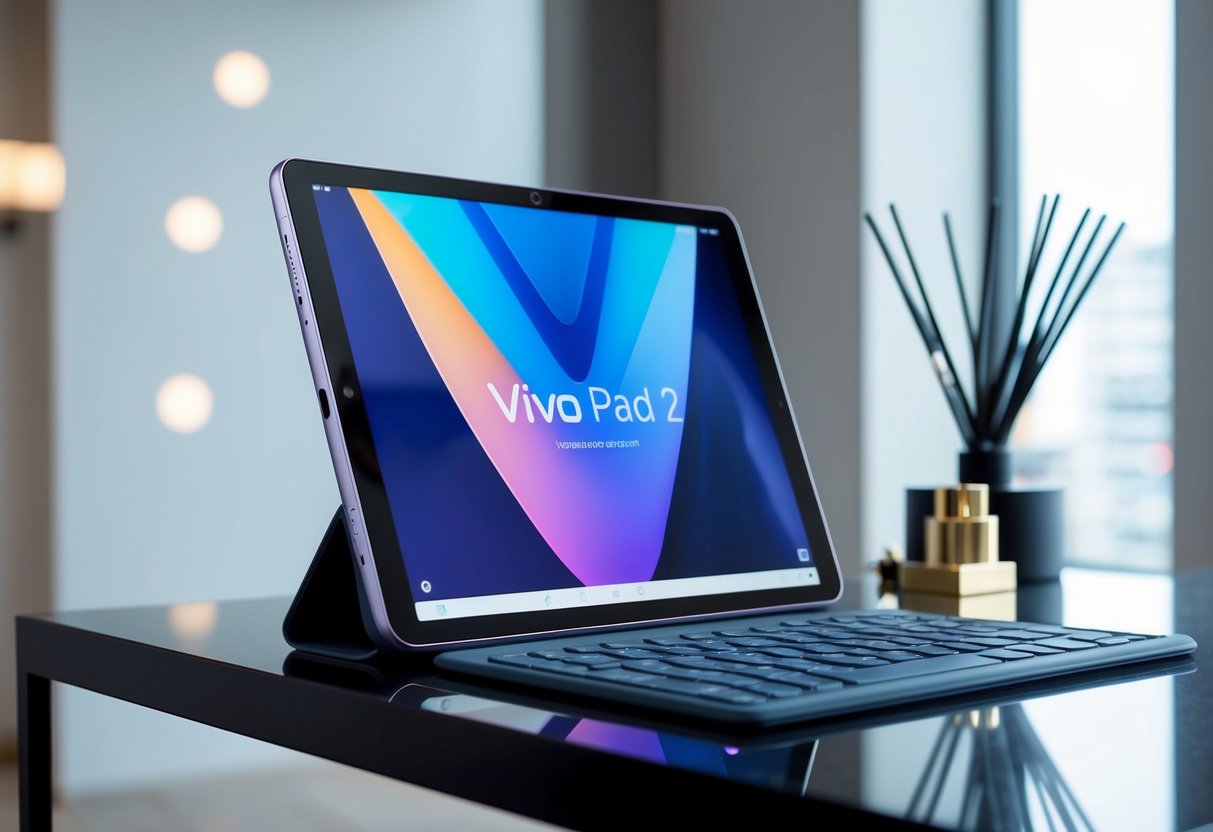 A sleek Vivo Pad 2 tablet displayed with stylish accessories in a modern, minimalist setting