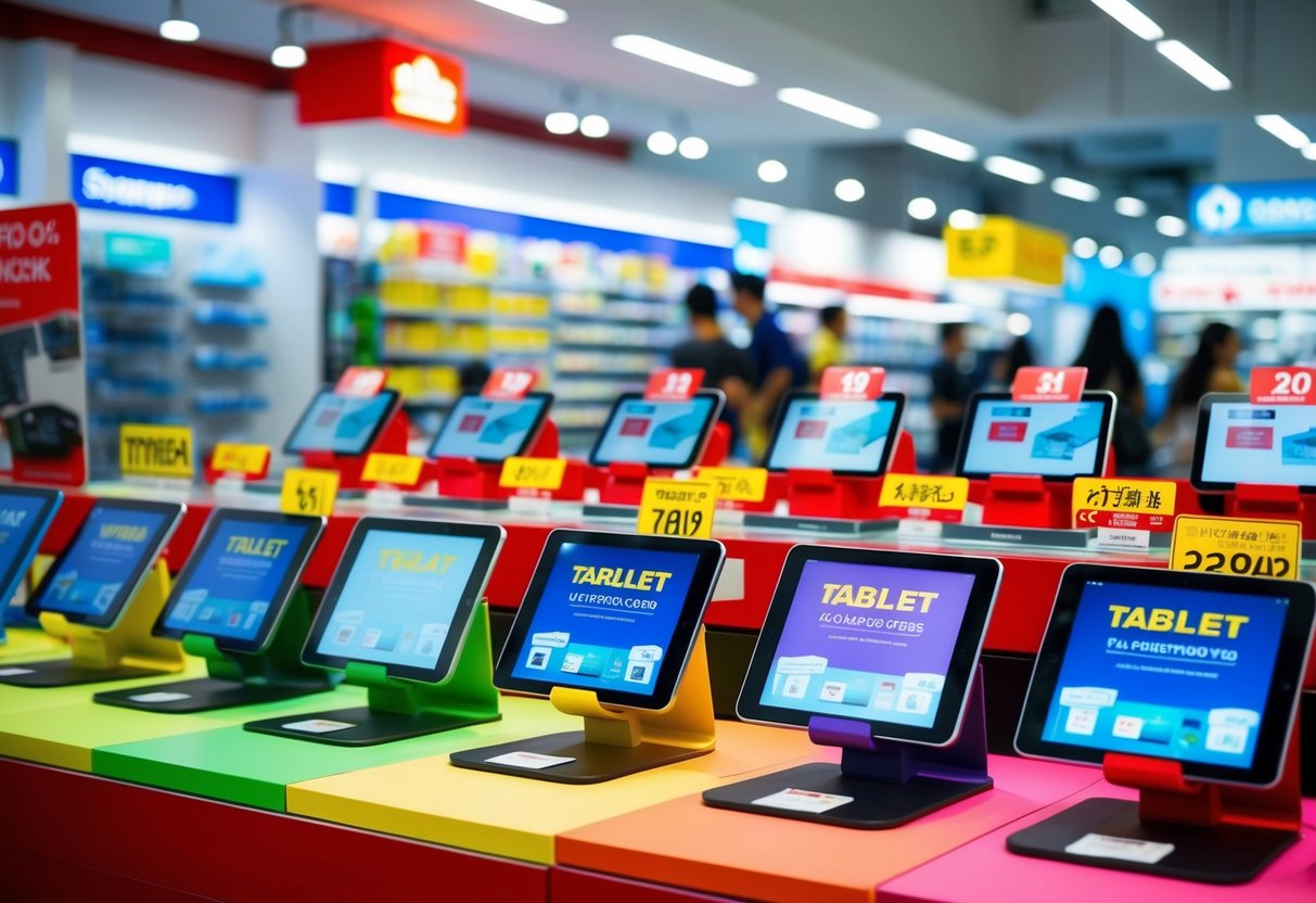 A colorful display of tablets with promotional signs in a busy Singapore electronics store