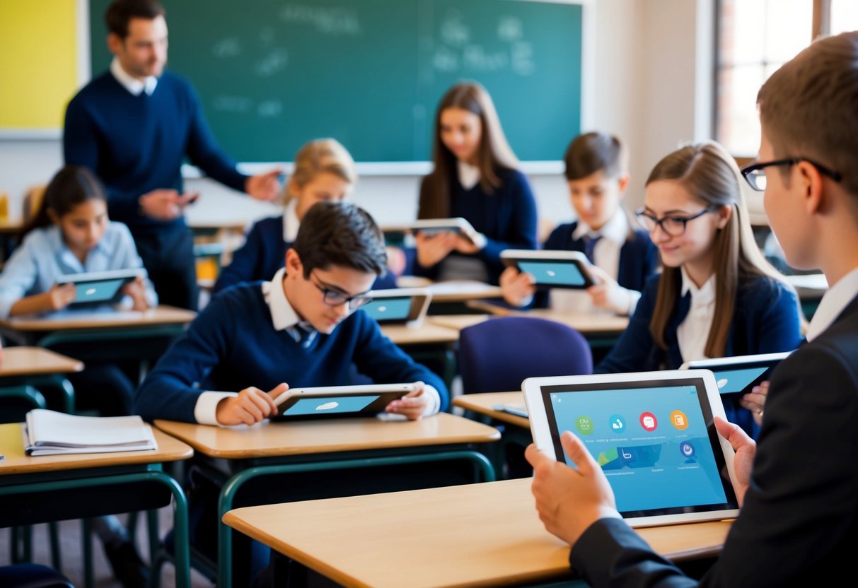 A classroom setting with students using tablets for learning, with a teacher demonstrating the benefits of tablet gadgets in education