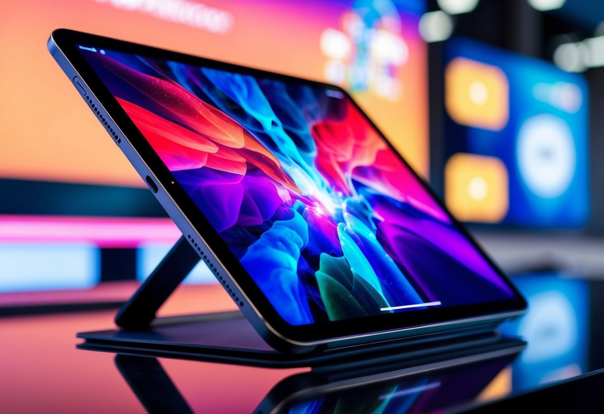 A sleek tablet displayed in a futuristic setting with vibrant digital graphics and interactive features