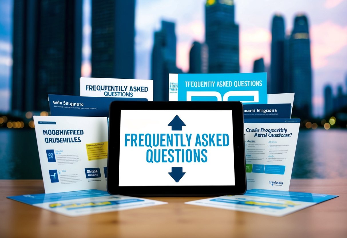 A tablet surrounded by promotional materials with a "Frequently Asked Questions" section highlighted, set against a Singaporean backdrop
