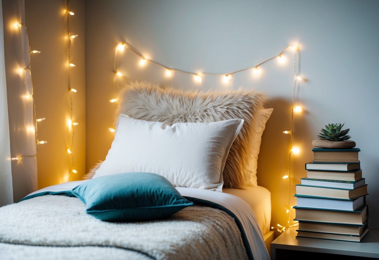 A cozy single bed with fluffy pillows and a soft comforter, surrounded by fairy lights and a stack of books on the bedside table