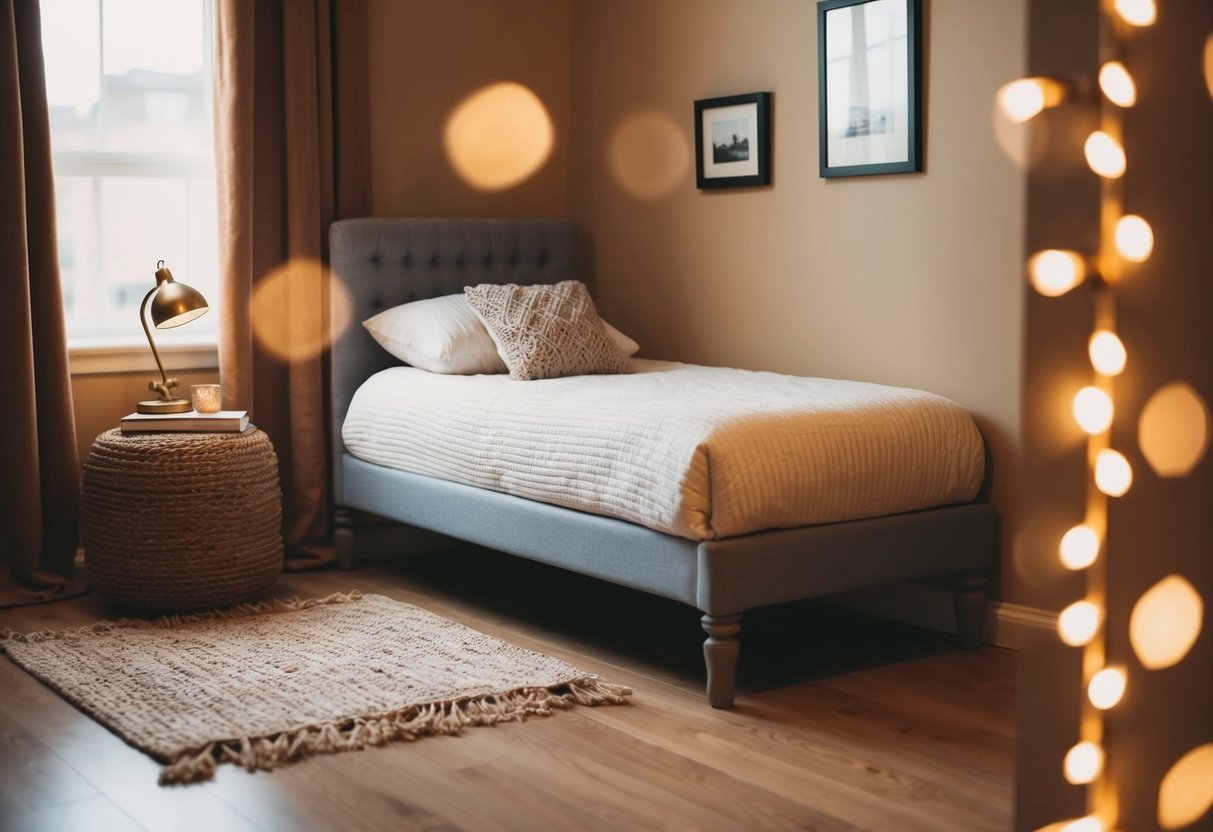 A small, inviting single bed frame with soft bedding, surrounded by warm, cozy decor