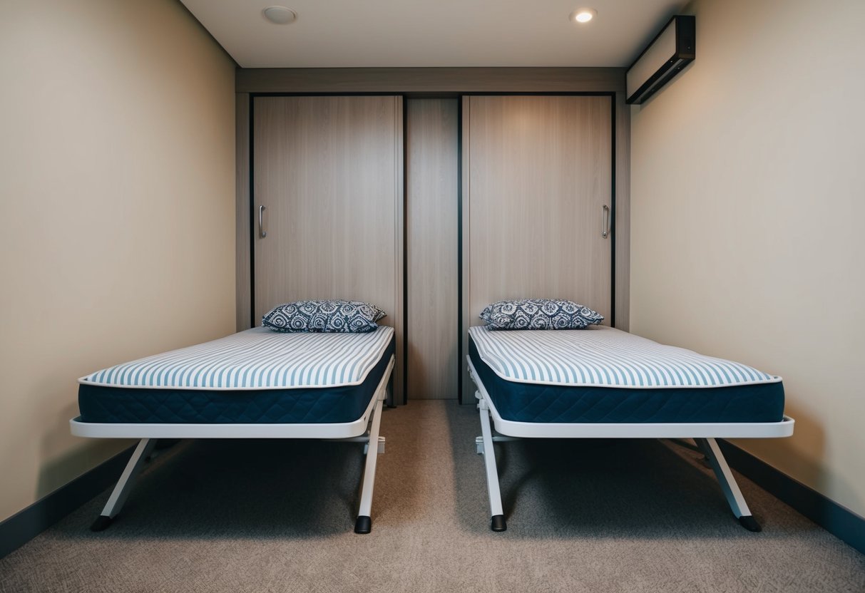 Two foldable single beds showcased in a compact room with space-saving design