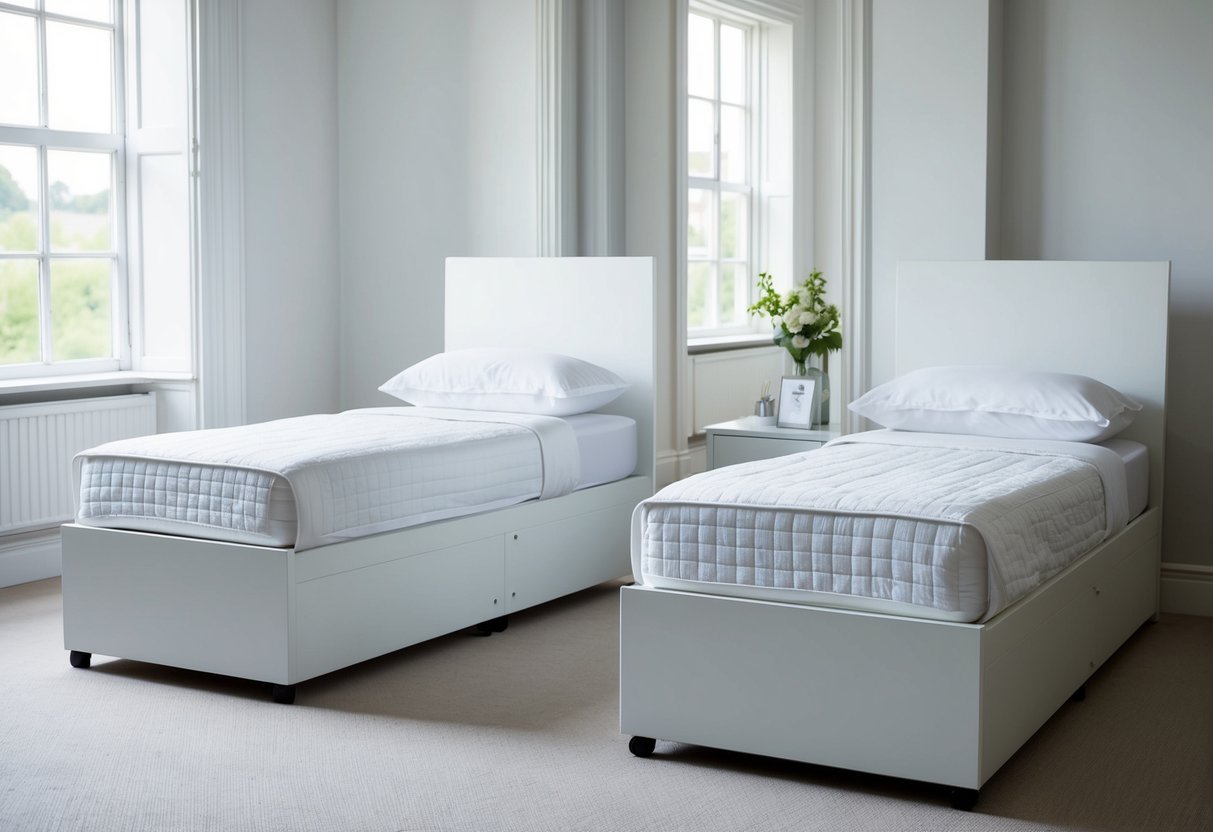 Two elegant white single beds from IKEA, showcased in a bright and spacious bedroom setting
