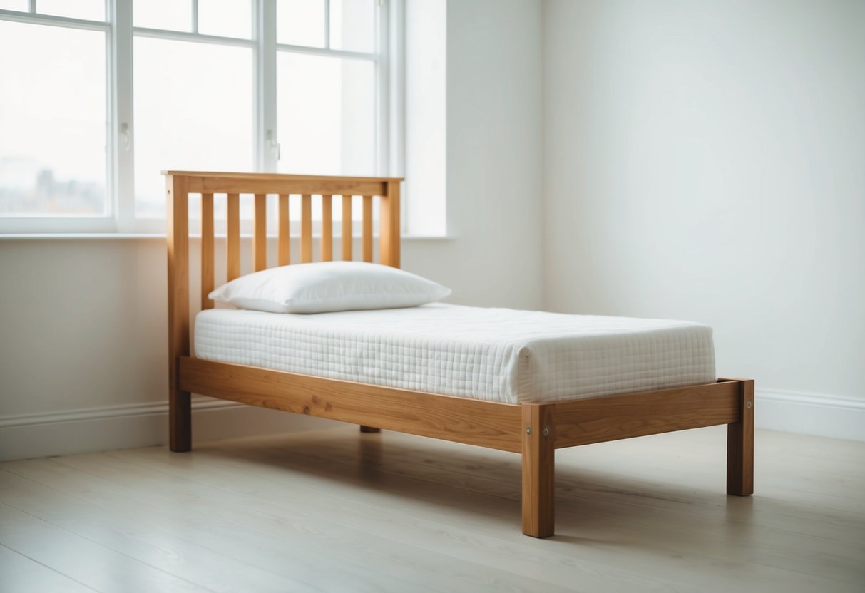 A sturdy wooden single bed frame displayed in a bright, spacious room with soft lighting